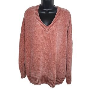 Zenana Outfitters Pink Chenille v-neck Chunky Sweater Size Medium